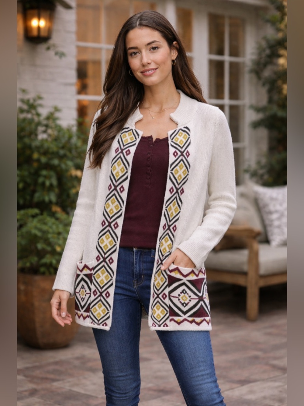 Old Navy Cardigan White Open Front Novelty Aztec Embroidered Sweater